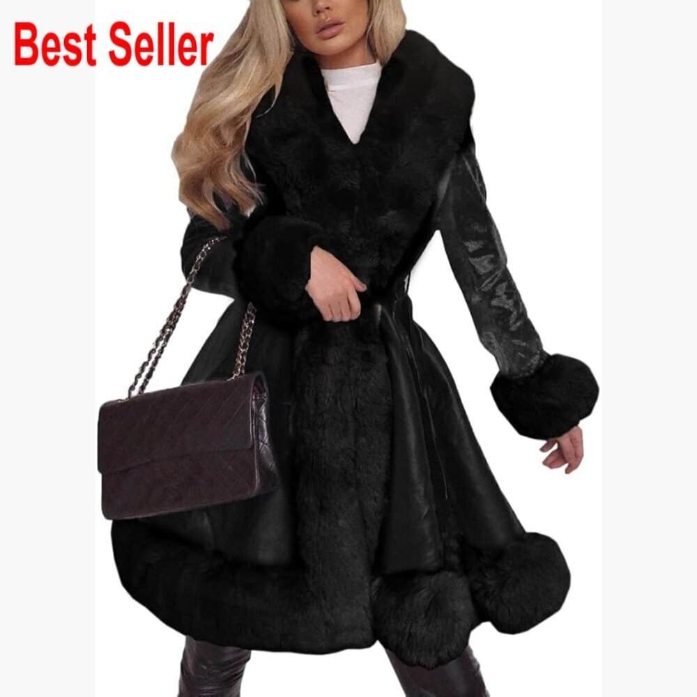 Faux Leather Jacket with Fur Collar, Long Sleeve, Belted Parka Coat